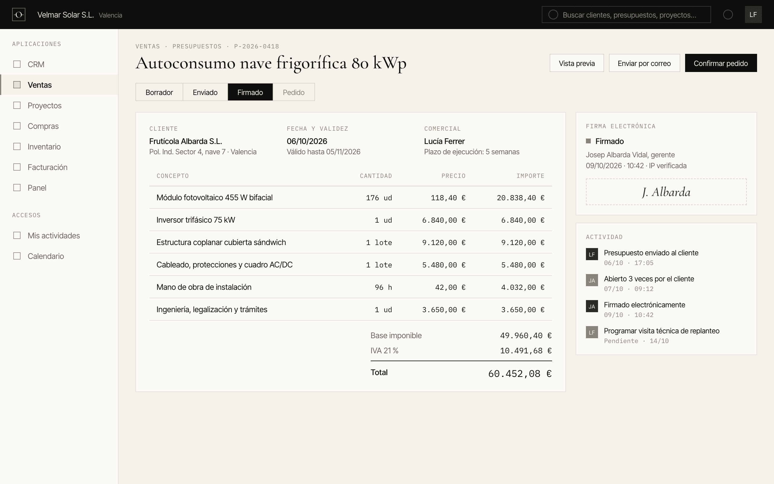 Captura de Odoo: Presupuestos y firma