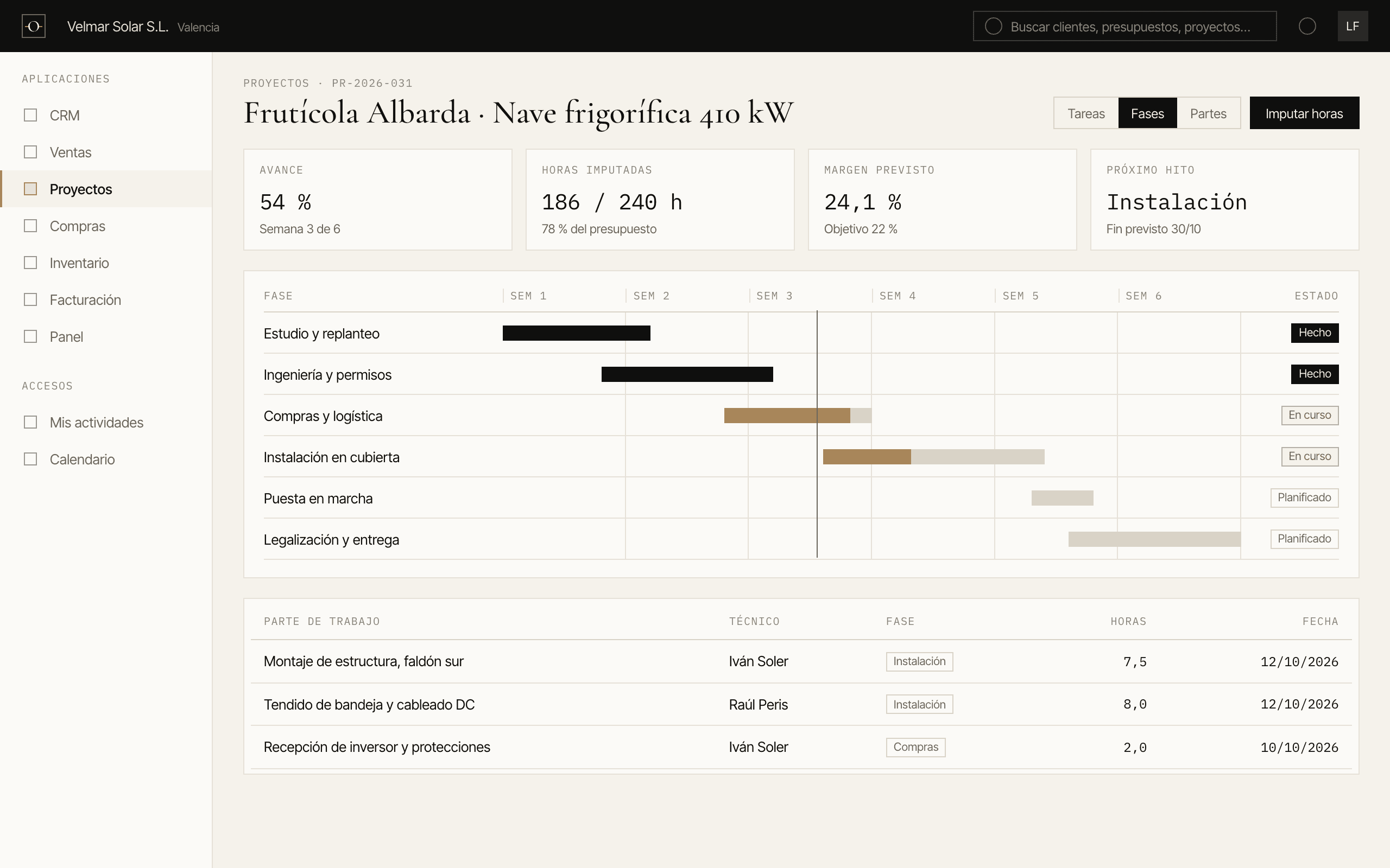 Captura de Odoo: Proyectos y partes de trabajo