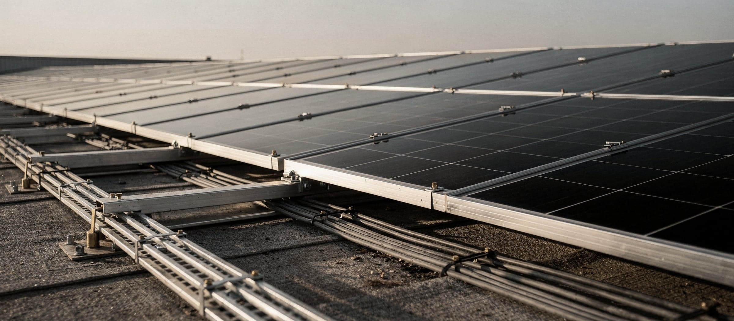 Fila de paneles fotovoltaicos con bandejas de cable en paralelo al atardecer